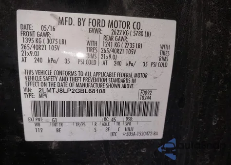 2016 Lincoln Mkx Reserve from USA, damaged, VIN 2LMTJ8LP2GBL68108